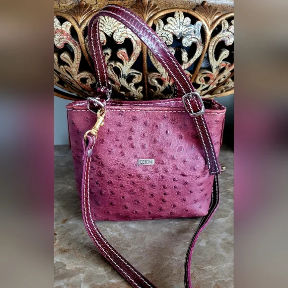 Cecconi Piero Burgundy Genuine Ostrich-Embossed Leather Mini Crossbody Bag 7"×6" - Picture 13 of 16